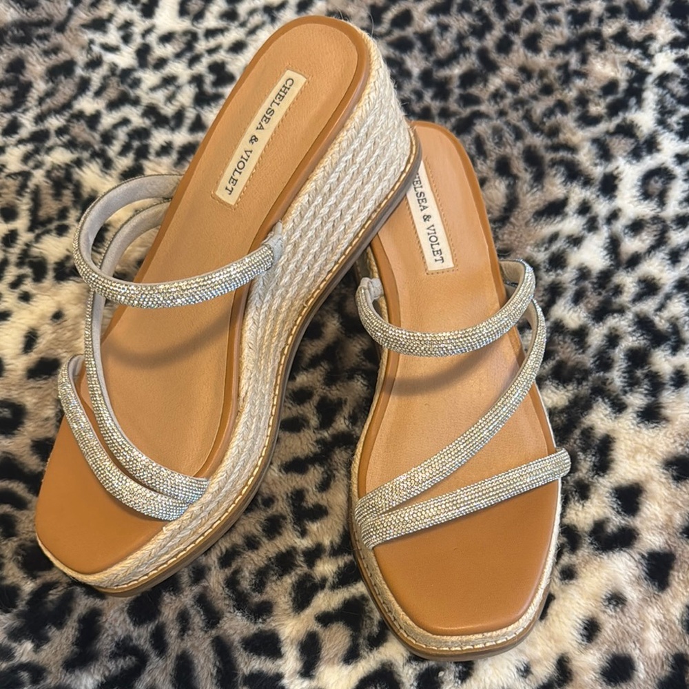 Chelsea & Violet Silver and Tan Sandals with Braided Straps